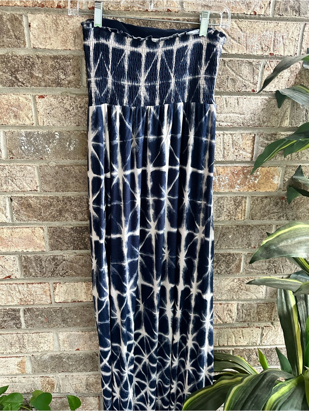 Soma Navy White Strapless Smock Tie-Dye Maxi Dress built in pads w/pockets Small